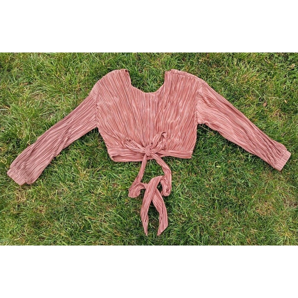Moon River Plisse Tie Back Crop Top Womens M Dusty Rose Long Sleeve Boho